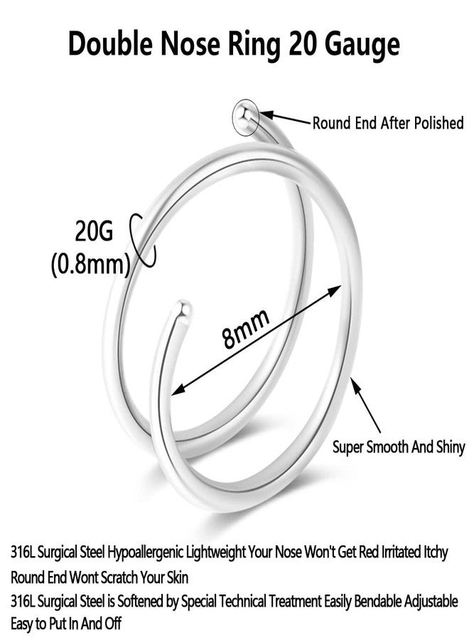 Fzroezz Double Nose Ring for Single Piercing Nose Piercing Percinging Jewelry Nostril Hoops Twist Spiral Nose Ring Loop Real Nose Rings Hoop for Women Men 20 Gauge Surgical Steel Cute Hypoallergenic Pack Left Right side Easy Bendable 2PCS Silver Black 8mm - Image 2